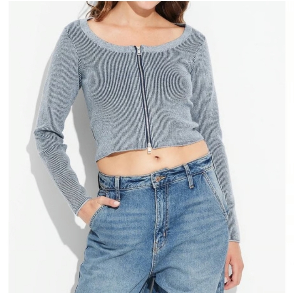 Striped Blue and White Zip-Up Cardigan Medium Wild Fable